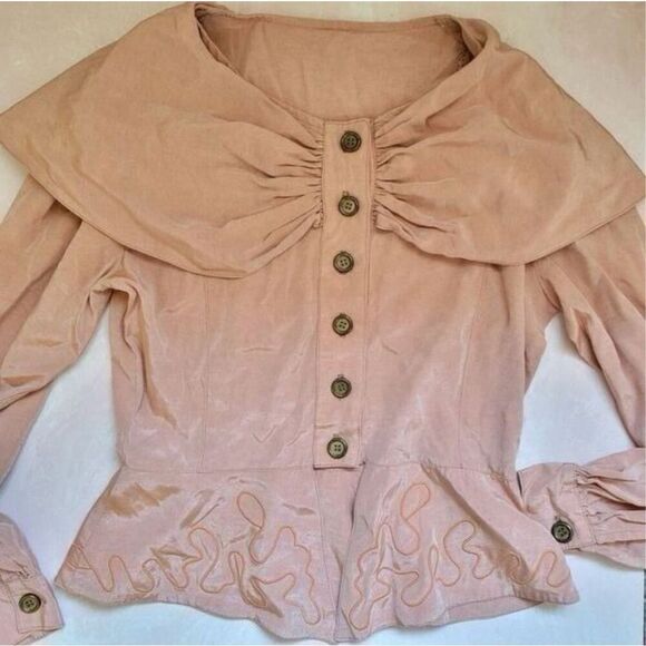 French vintage 90s blush pink blouse piping small retro western peplum peep hole - Picture 2 of 4